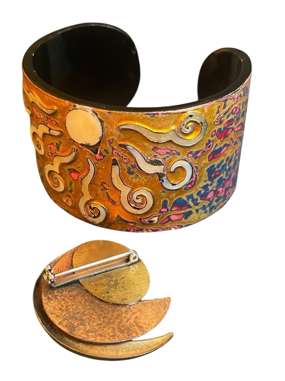 Vintage Artisan Celestial MOP Inlaid Cuff Bracelet & Copper Moon Brooch - Picture 7 of 12